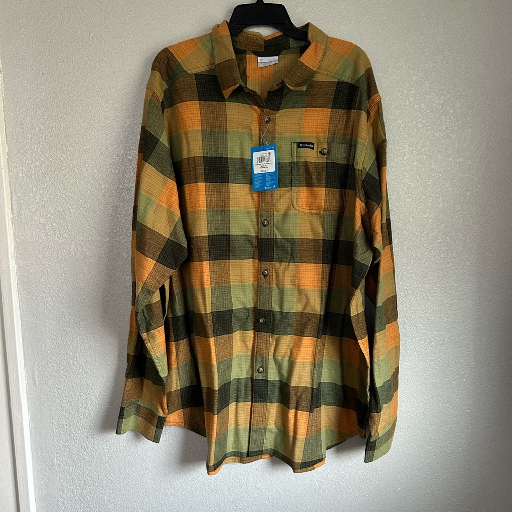 NWT Columbia Men’s Orange Green Plaid Long Sleeve Button Down Top